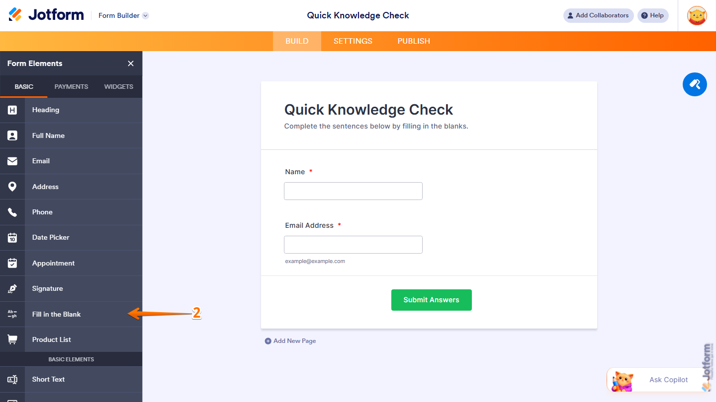 Form Elements Basic tab showing Fill in the Blank field selection in Jotform