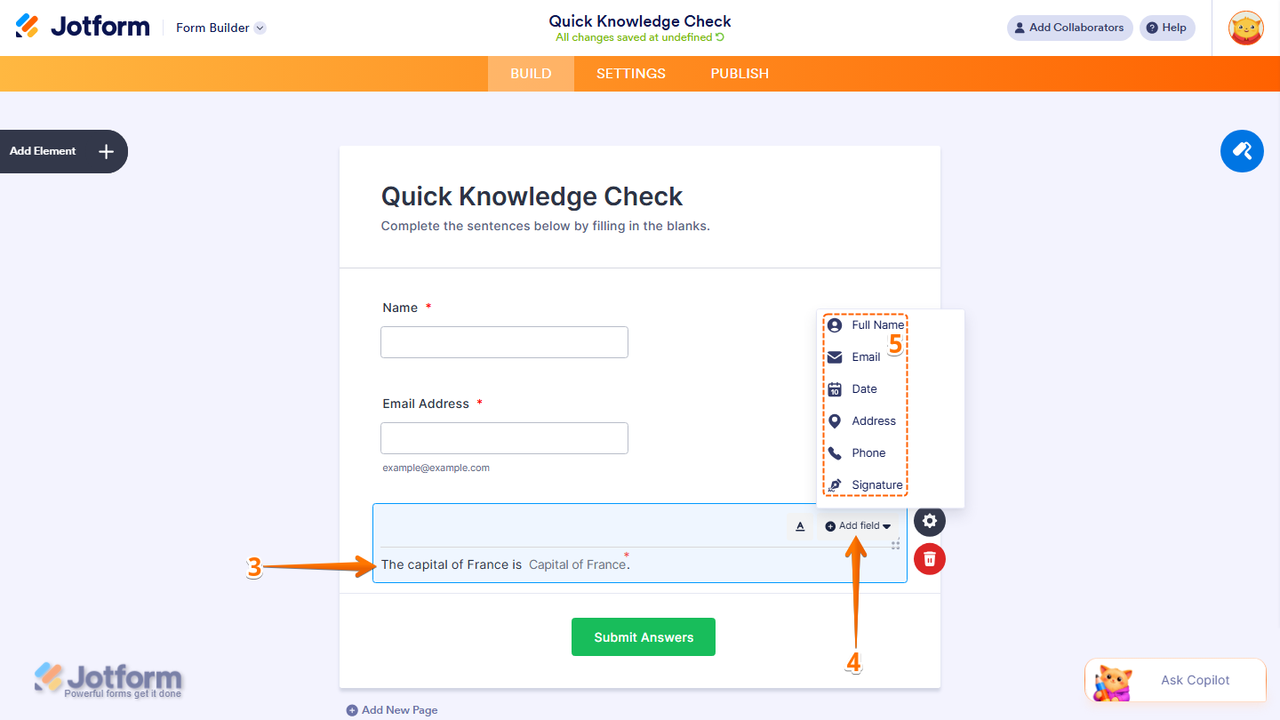 Fill in the Blank element showing Add Field dropdown with field type options in Jotform.
