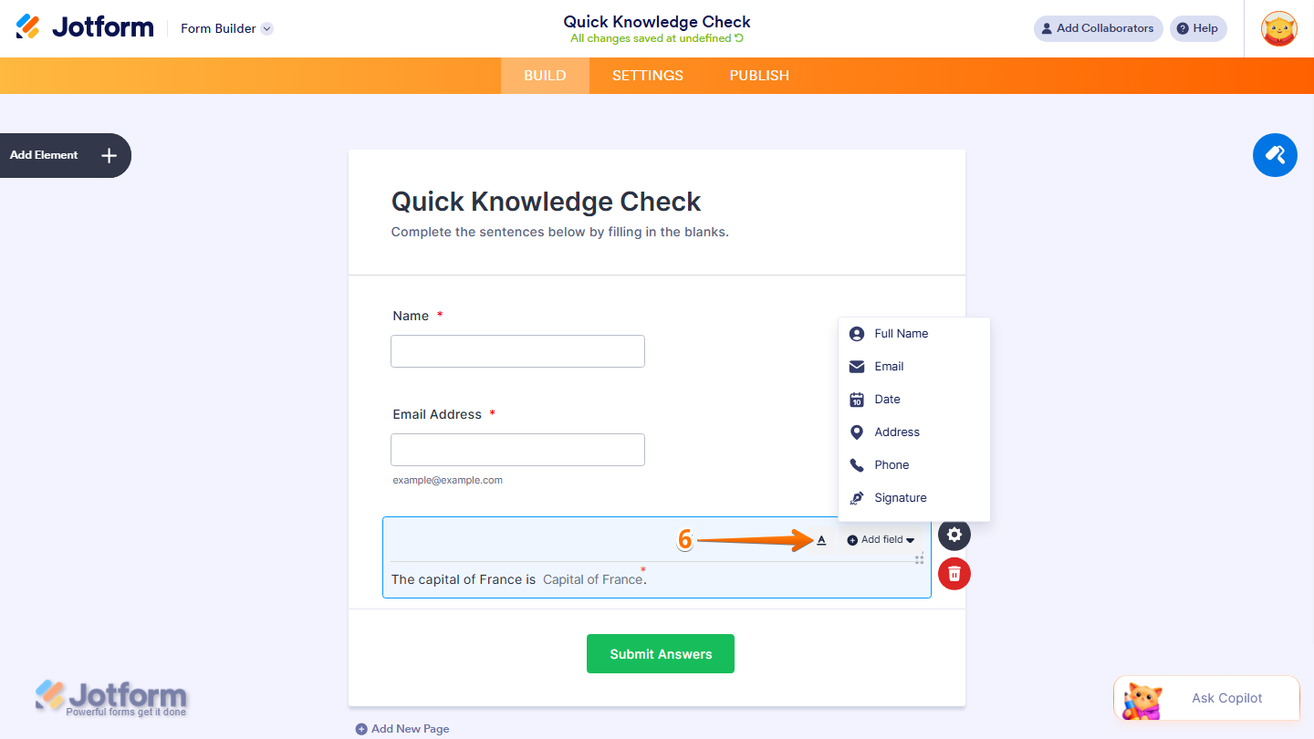 Fill in the Blank element showing Formatting Text toolbar options in Jotform