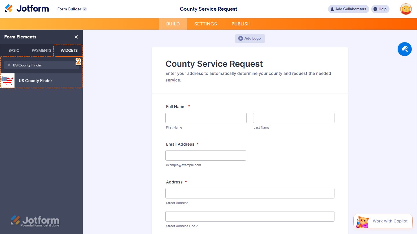 Form Elements Widgets tab showing Find a Country widget search and selection in Jotform