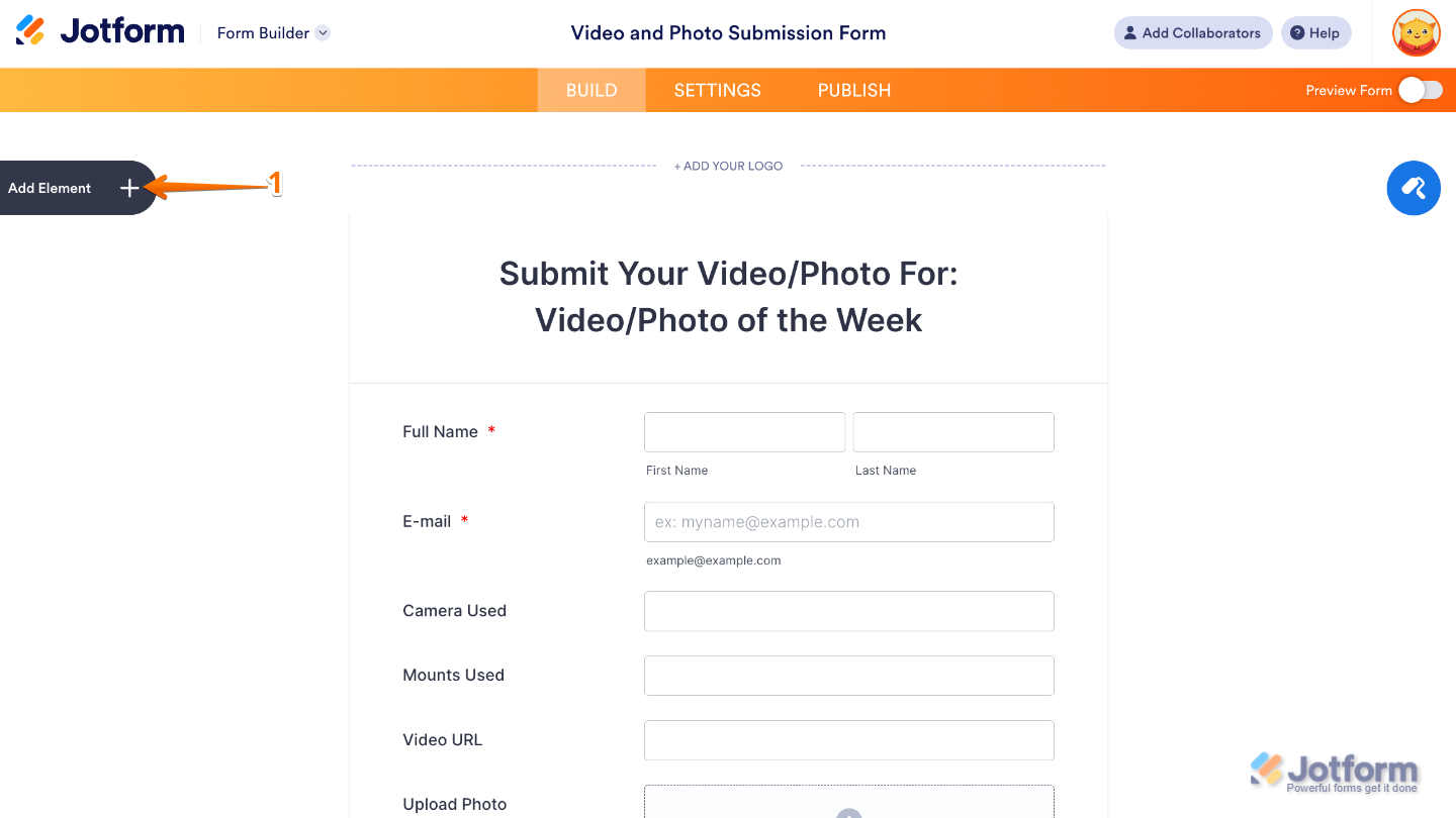 Form Builder interface highlighting the Add Element button on the left panel to add new fields and widgets
