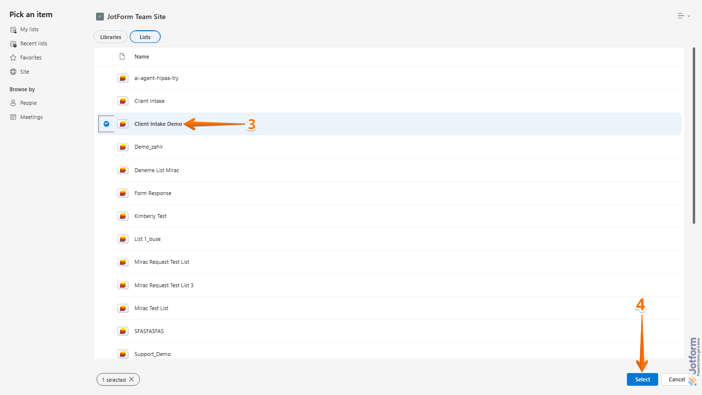 Integration Picker Lists tab showing SharePoint list selection and Select button in Jotform