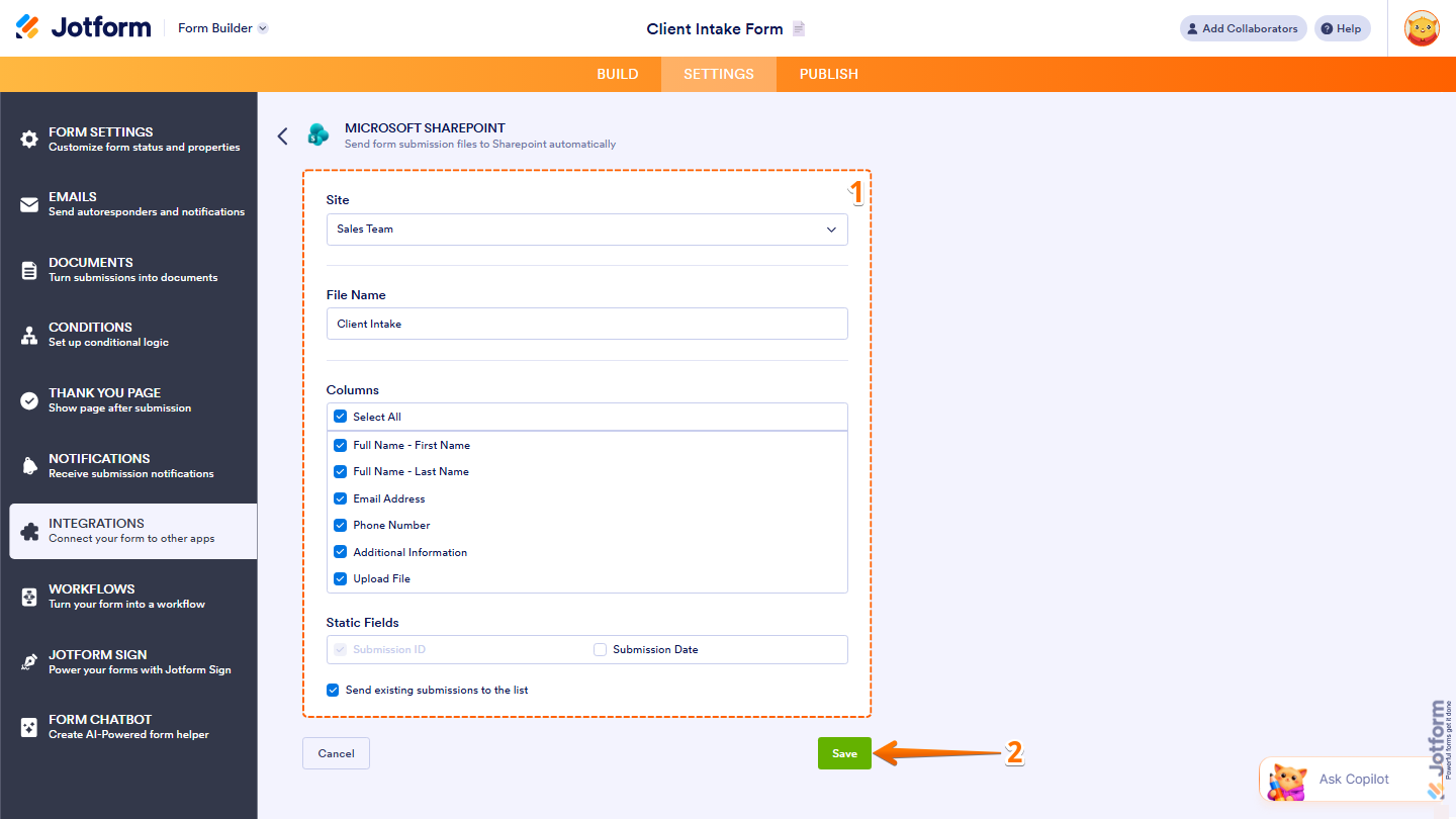 Microsoft SharePoint integration settings showing Site File Name Columns and Save button in Jotform