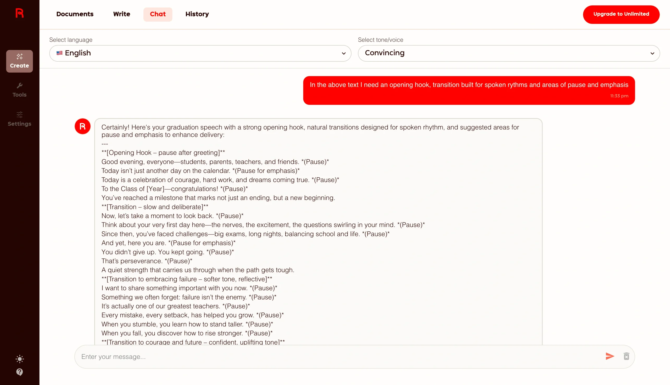 Screenshot of the AI chat interface showing a revised speech draft with feedback, including a red prompt at the top and a more structured script-style response in the editor