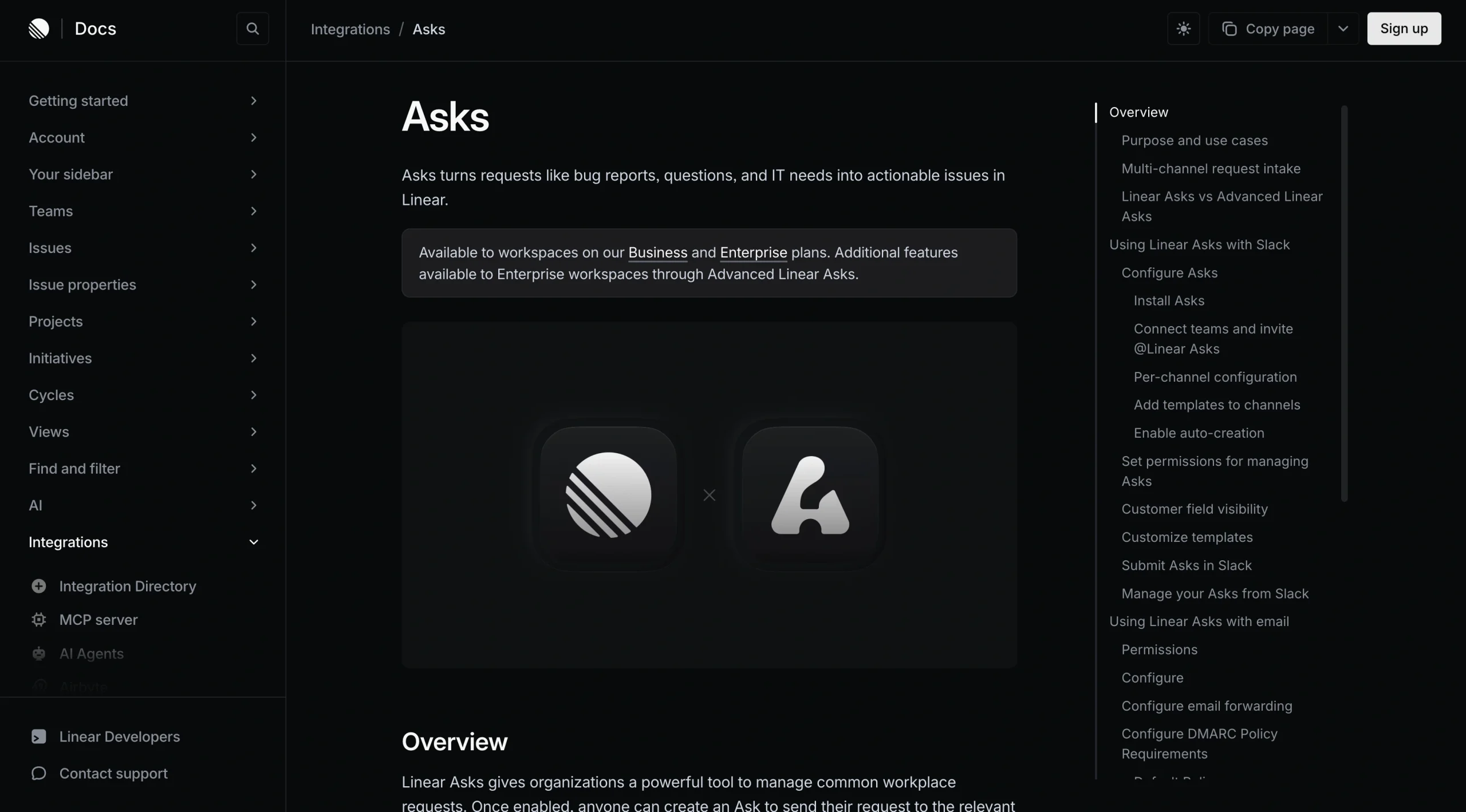 Linear “Asks” feature interface showing how Slack requests can be turned into actionable Linear issues, with navigation sidebar and overview content