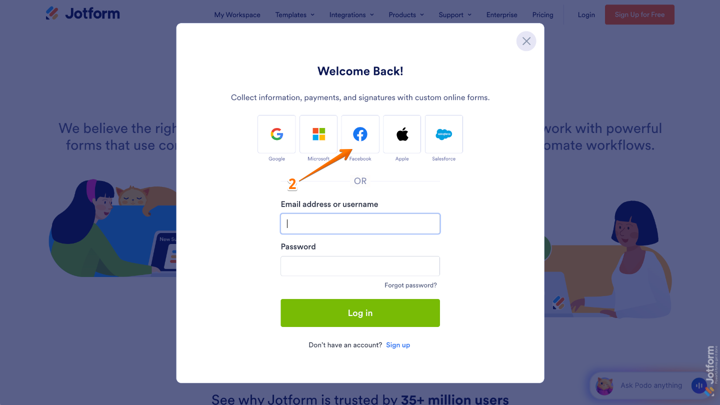 Login window showing the Facebook icon as an option for signing in with a Facebook account
