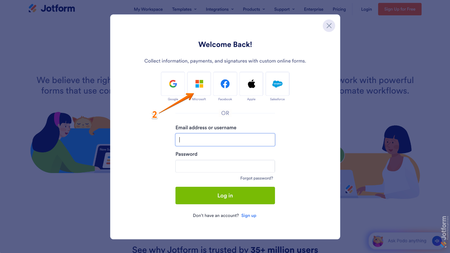 Login window showing the Microsoft icon for signing in with a Microsoft account