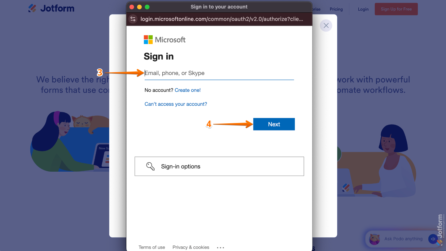 Microsoft Sign-in window showing a field to enter email address, phone number, or Skype before clicking Next