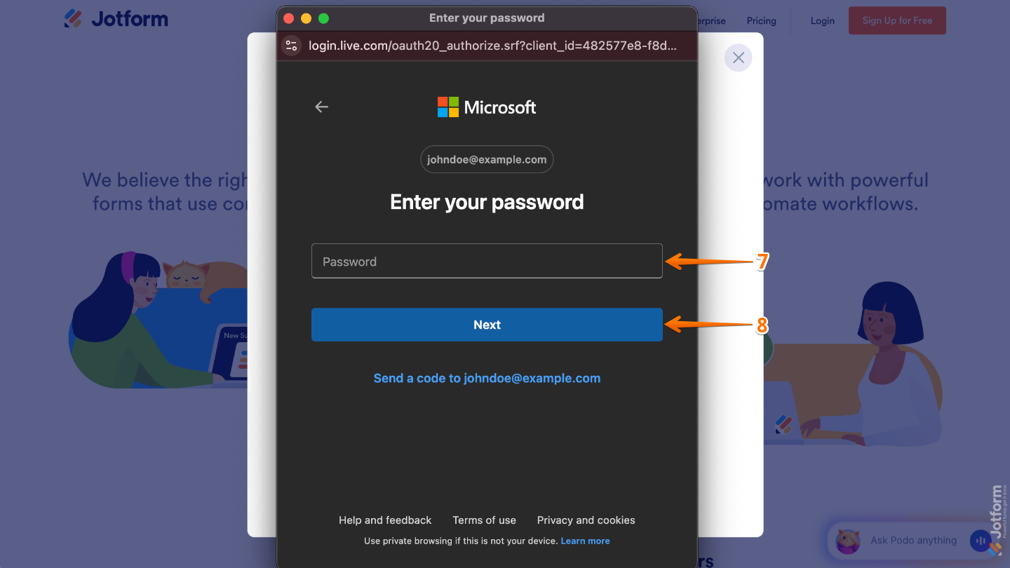 Microsoft sign-in window showing the password field and Next button for continuing authentication