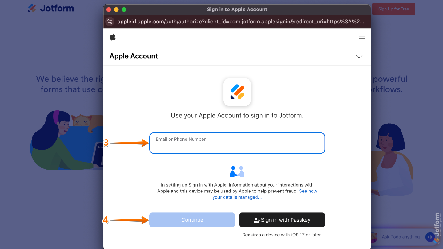 Apple Sign-in window showing a field to enter email address or phone number before clicking Continue