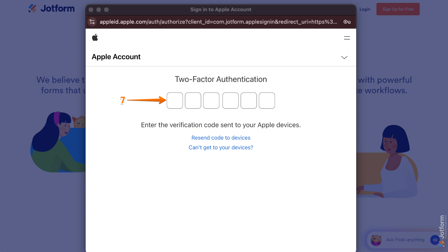 Apple two-factor authentication screen showing a field to enter a six-digit verification code sent to a trusted device