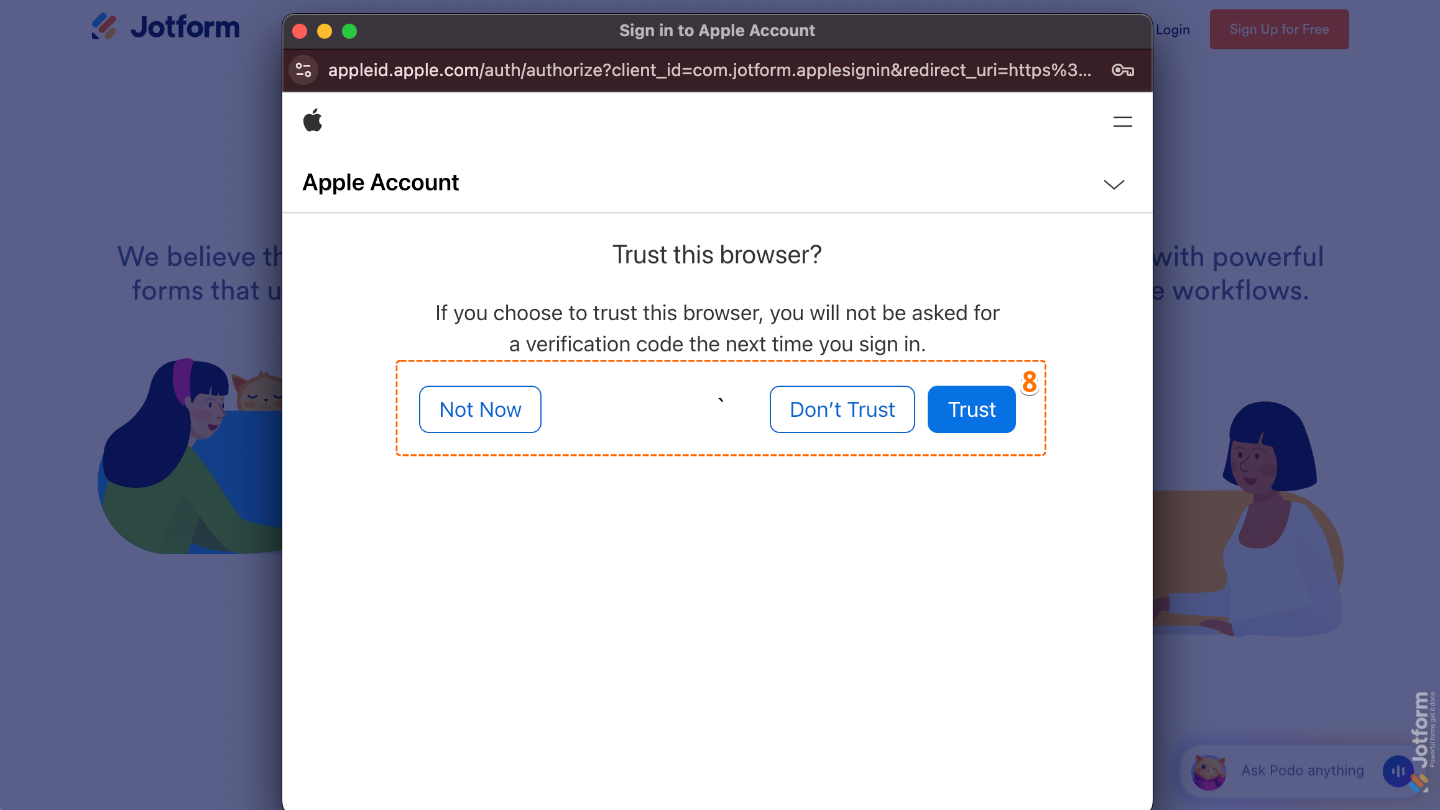 Apple account authorization prompt showing options Not Now, Don’t Trust, and Trust for device verification
