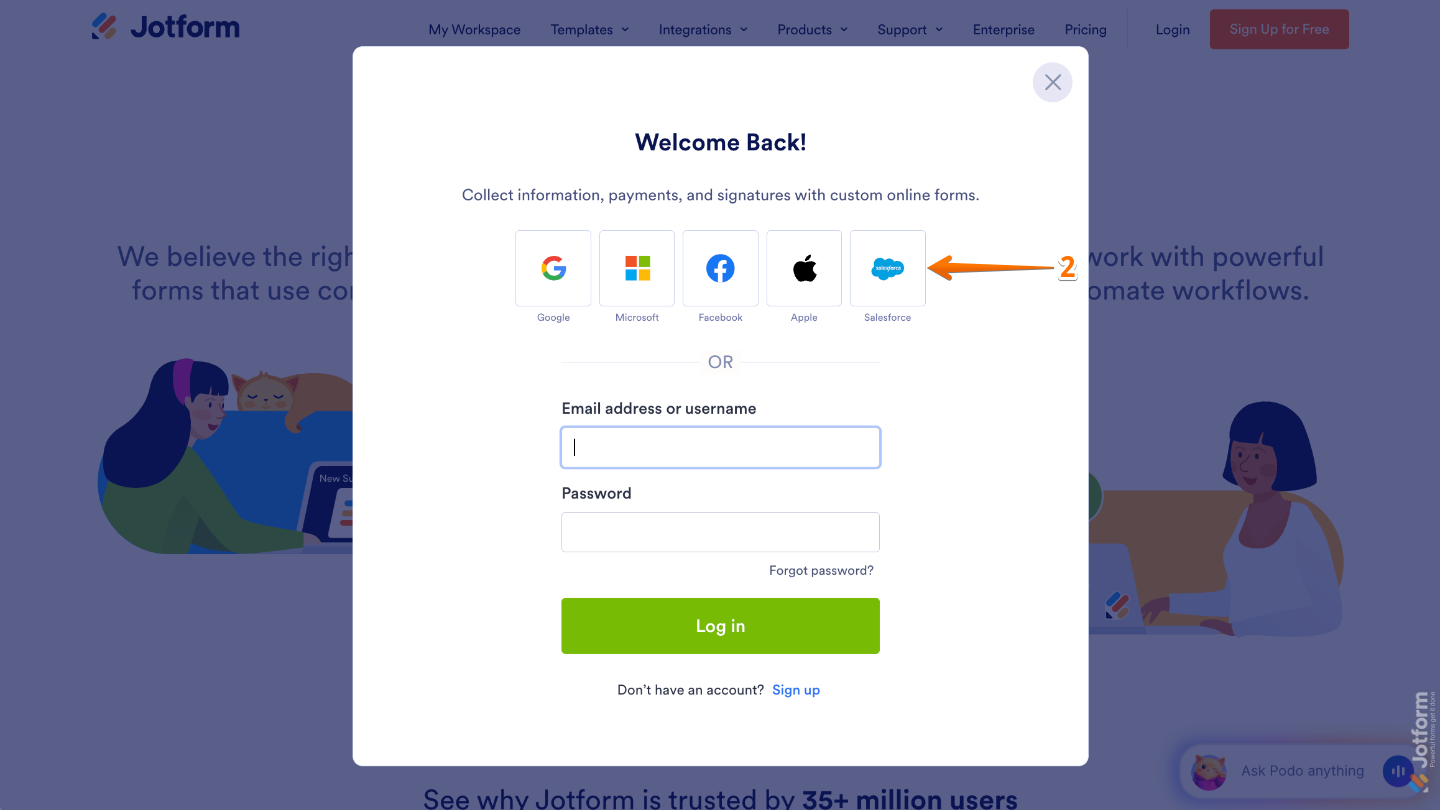 Login window showing the Salesforce icon as a sign-in option for account authentication