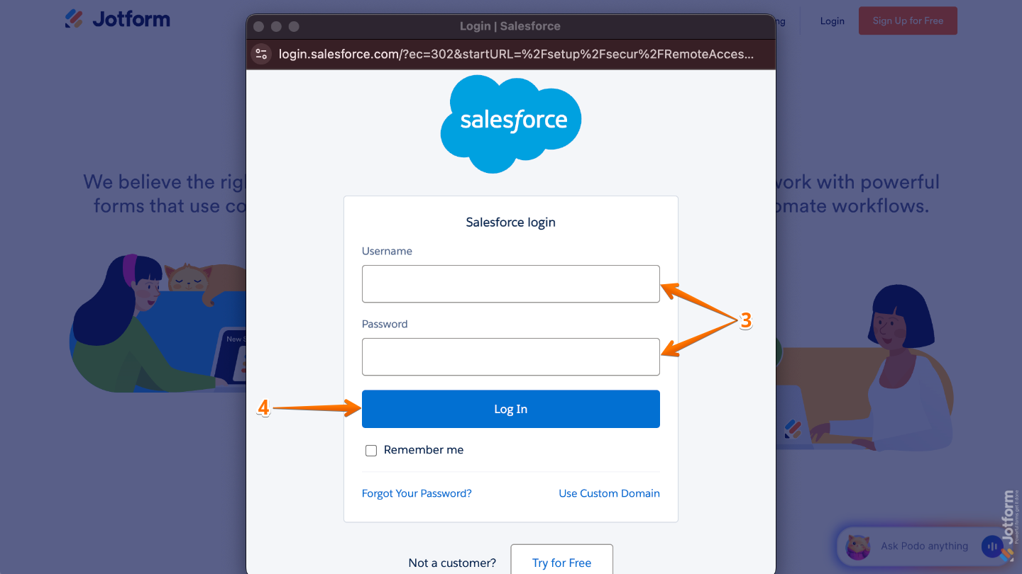 Salesforce login window showing fields for username and password with the Log In button