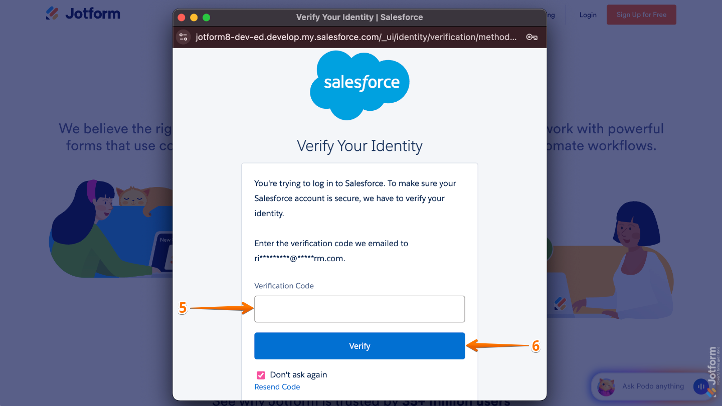 Salesforce security check page prompting a six-digit verification code sent to the associated email address with a Verify button