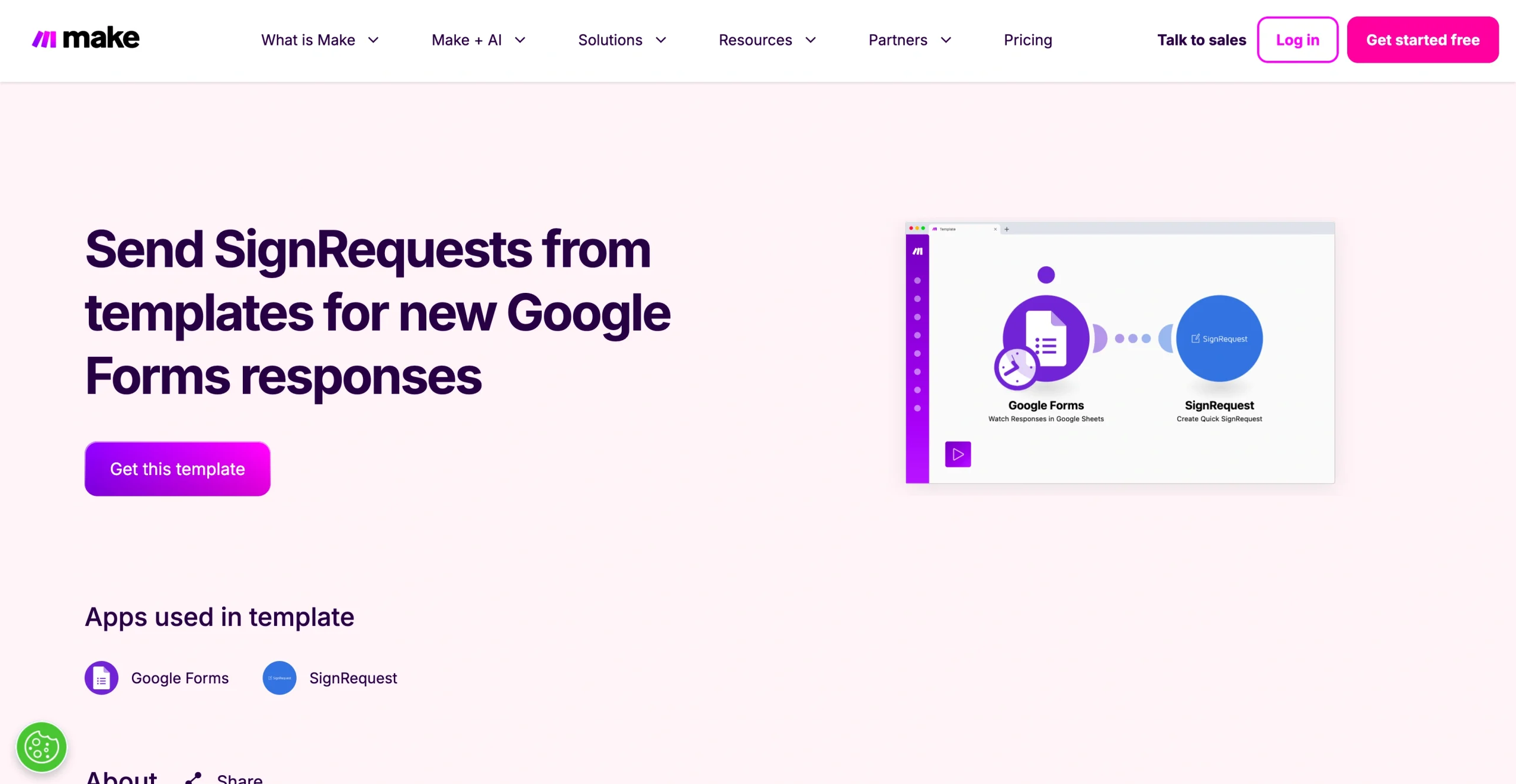 Make landing page showing an automation that sends SignRequest documents from templates when new Google Forms responses are received, with a visual scenario linking Google Forms to SignRequest and a “Get this template” button