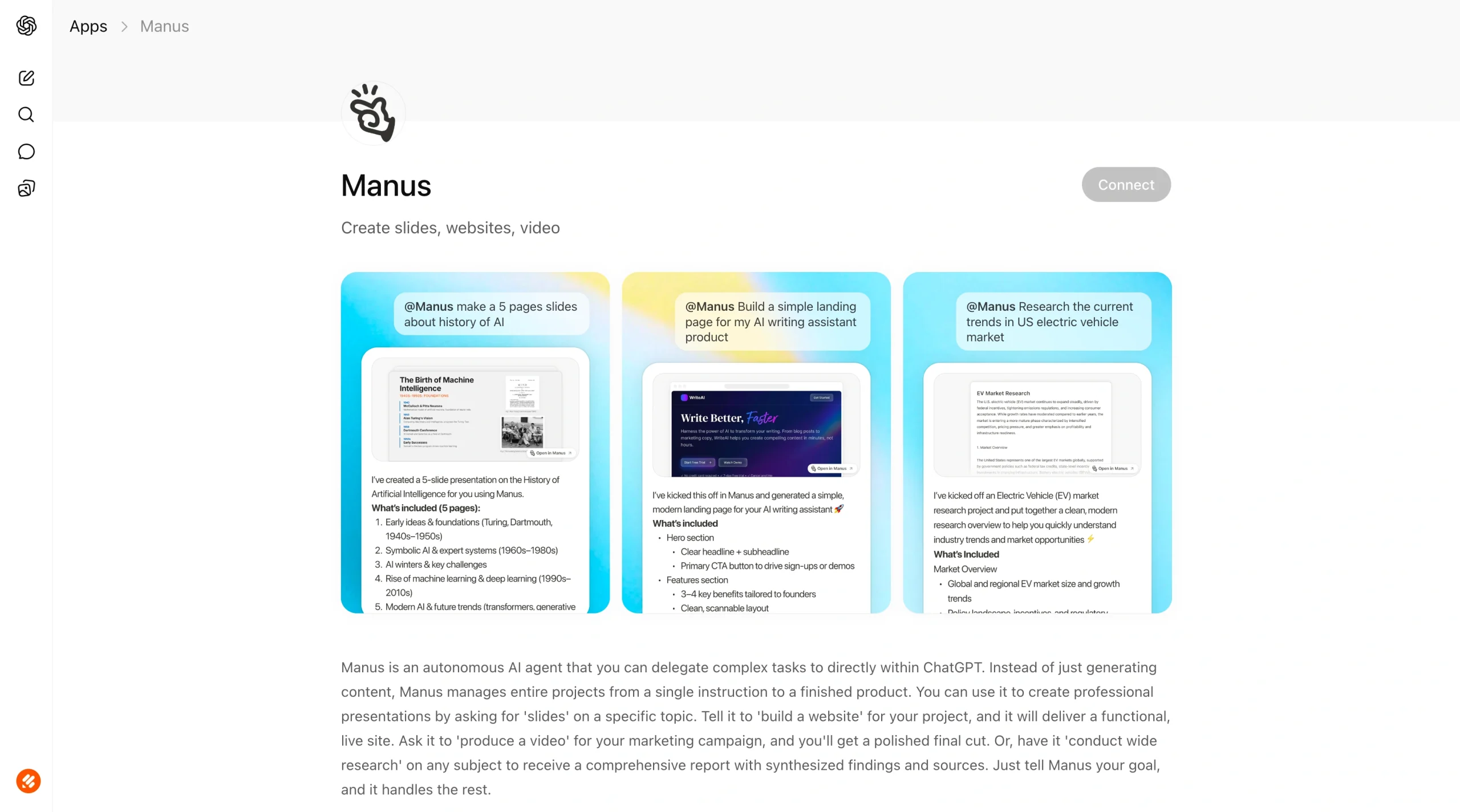 Screenshot of the Manus ChatGPT App page