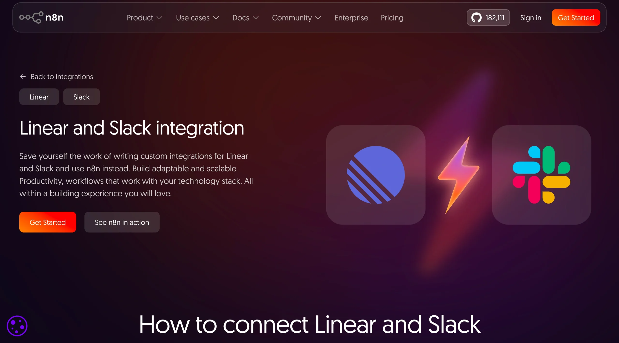 n8n integration page displaying Linear and Slack connection, with icons and a headline about automating workflows between the two platforms