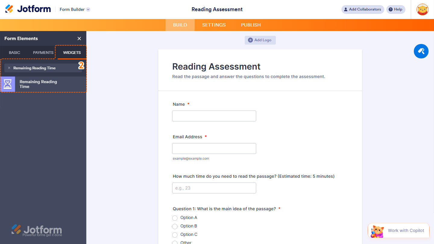 Form Elements Widgets tab showing Remaining Reading Time widget search and selection in Jotform
