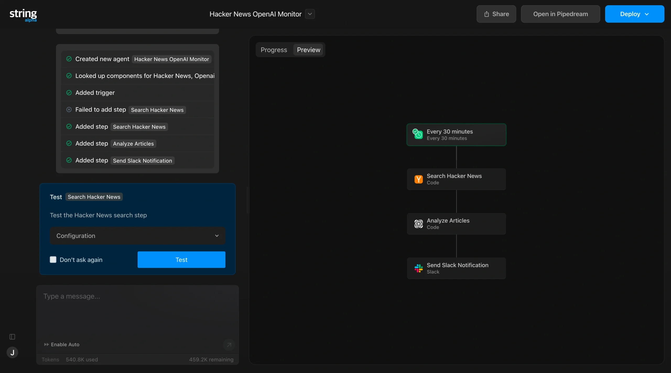 Pipedream AI builder interface generating a workflow with code-based steps for automation, triggers, and API integrations