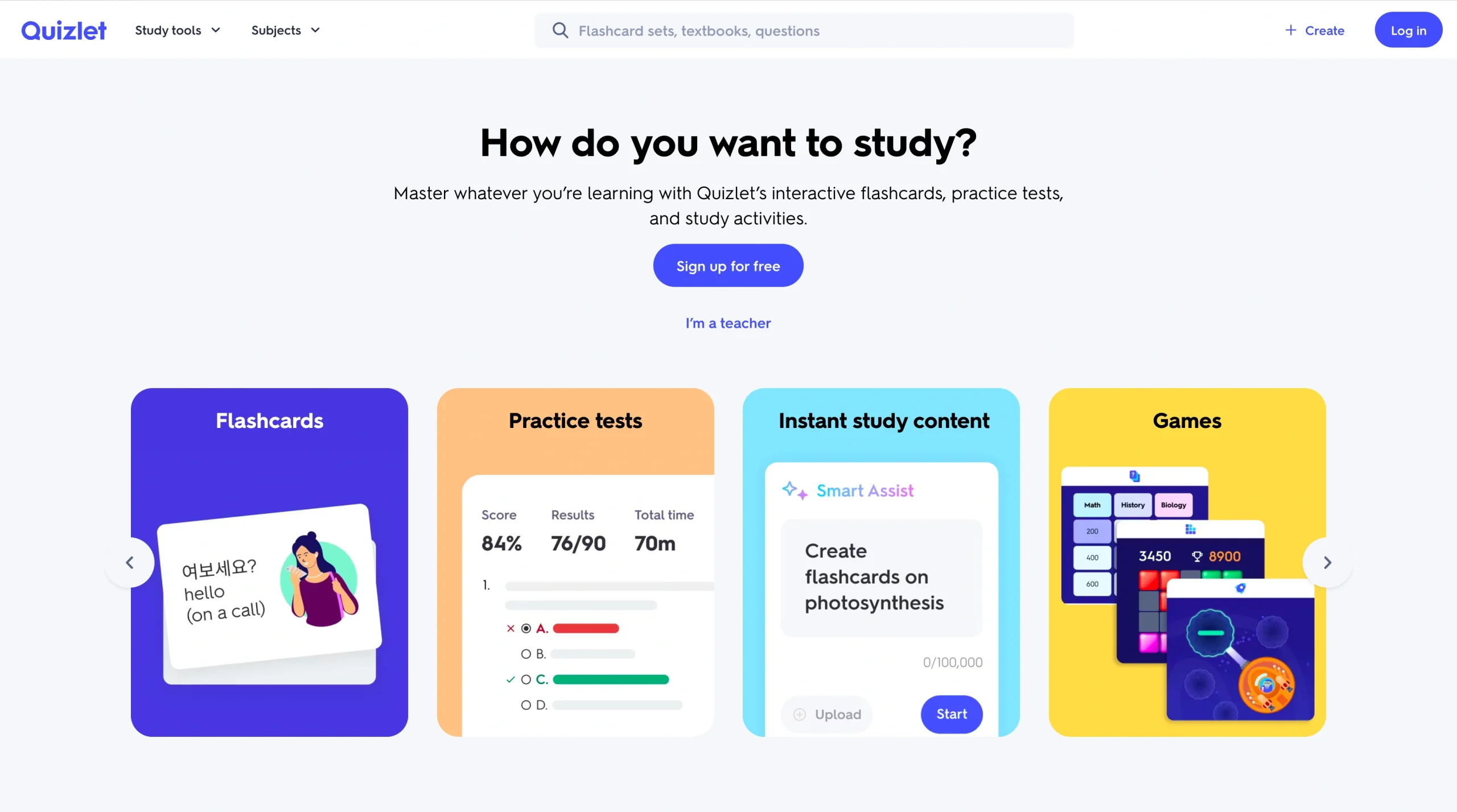 Screenshot of the Quizlet landing page, showing a headline "How do you want to study?"