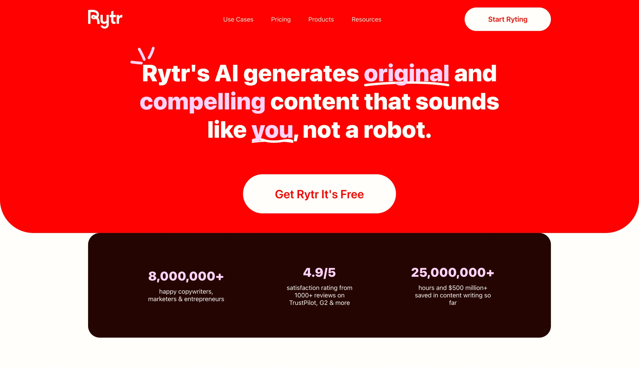 Screenshot of the Rytr landing page, showing a headline "Rytr's AI generates original and compelling content that sounds like you, not a robot