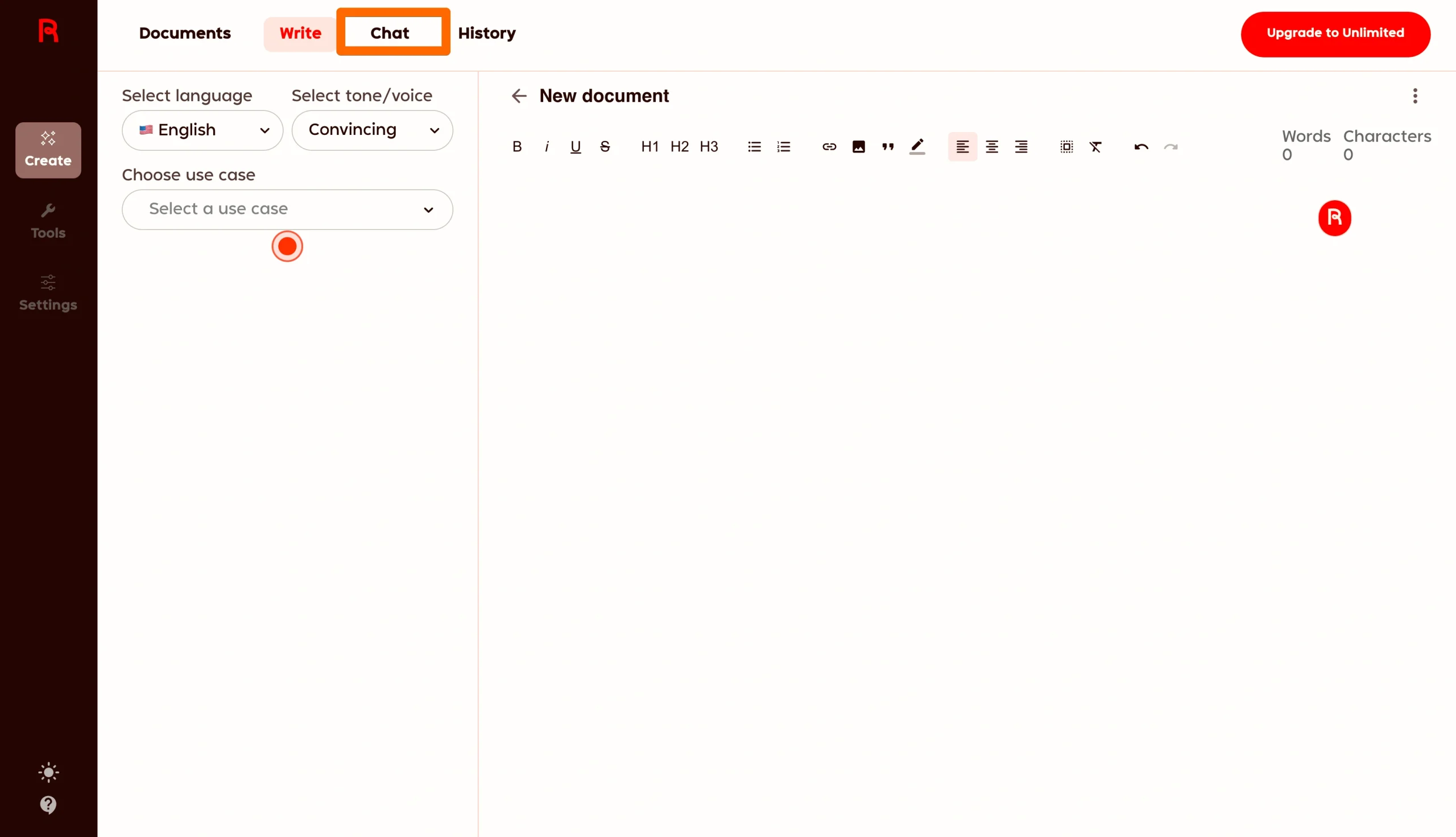 Screenshot of an AI writing tool interface with “Chat” mode selected, showing options to choose language (English) and tone (Convincing), alongside a blank document editor