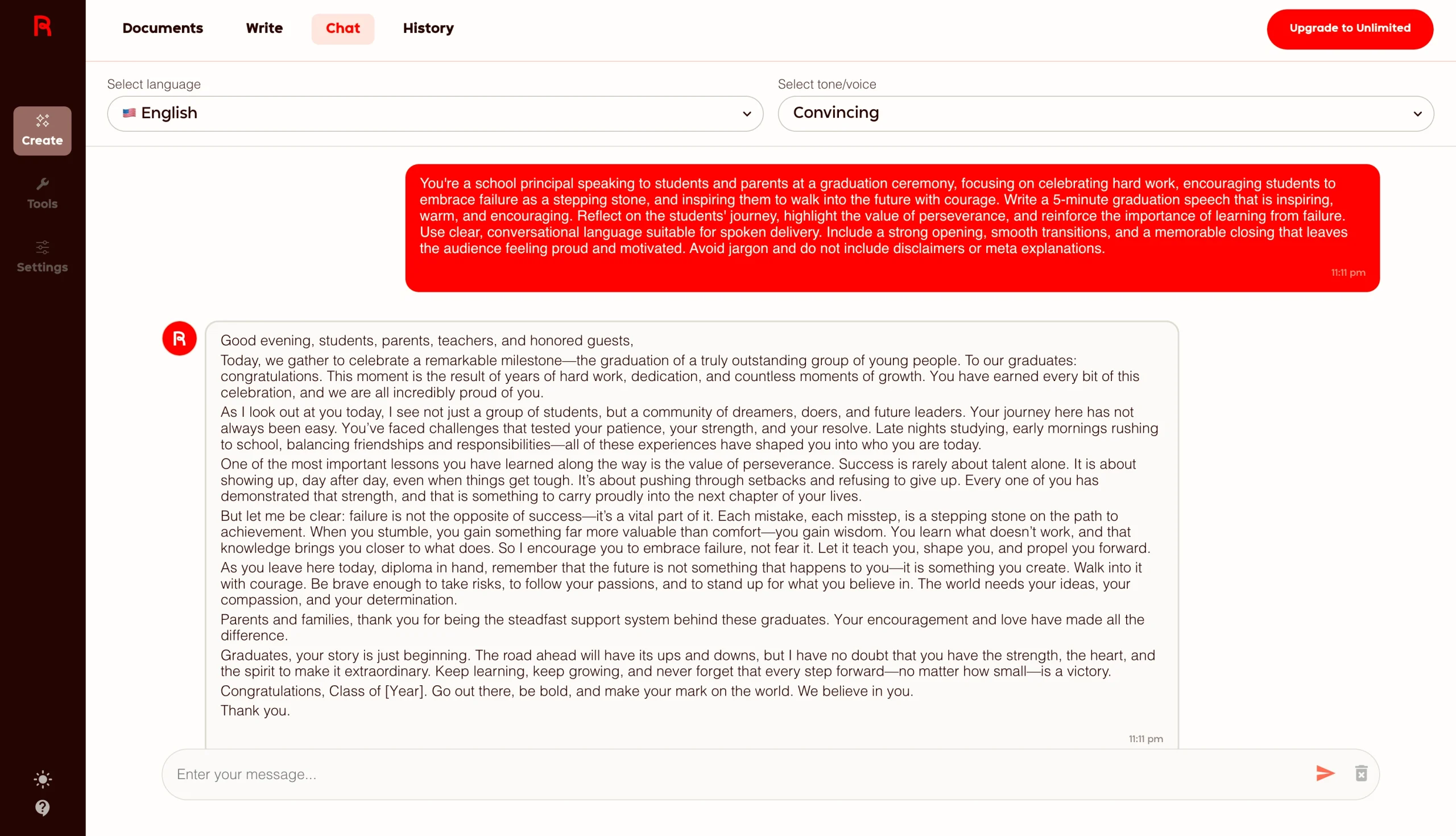 Screenshot of the AI chat generating a graduation speech in a text editor, with a long response displayed in a red-highlighted output box and the full speech content below