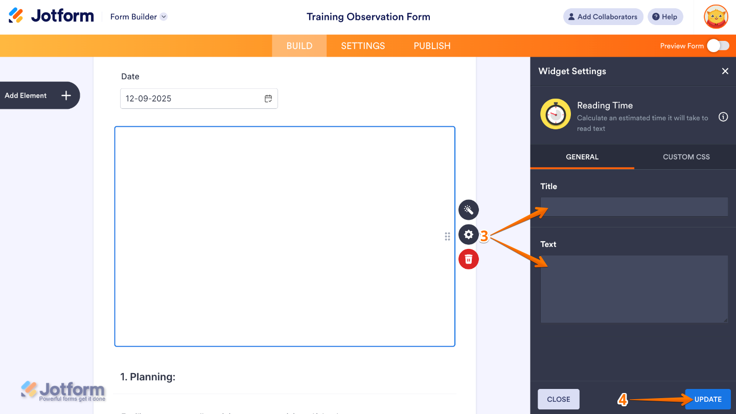 Reading Time widget settings panel showing Title and Text fields for customizing the widget display