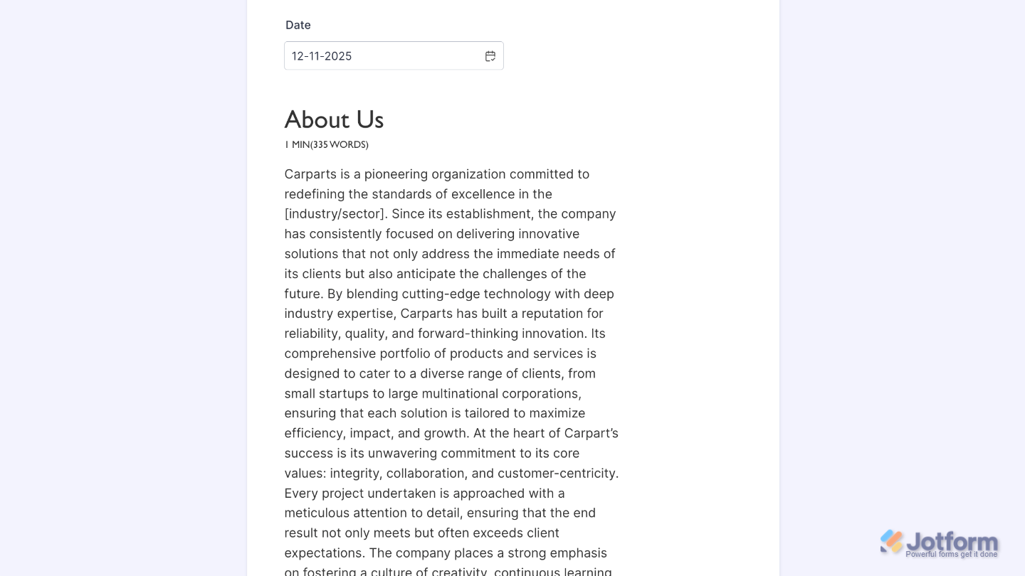Form with the Reading Time widget added, displaying an estimated reading duration for users