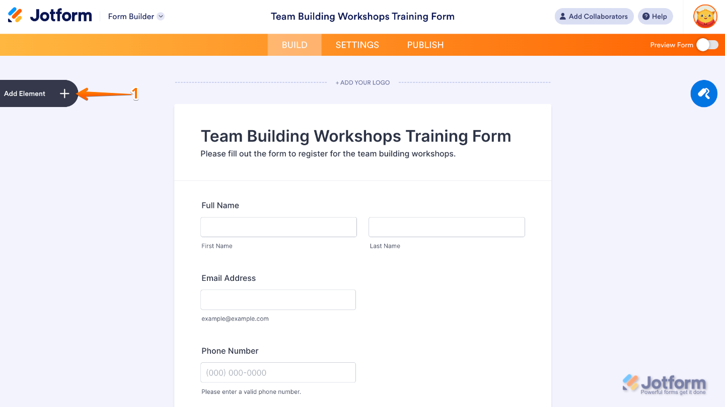 Form Builder interface highlighting the Add Element button on the left panel to add new fields and widgets
