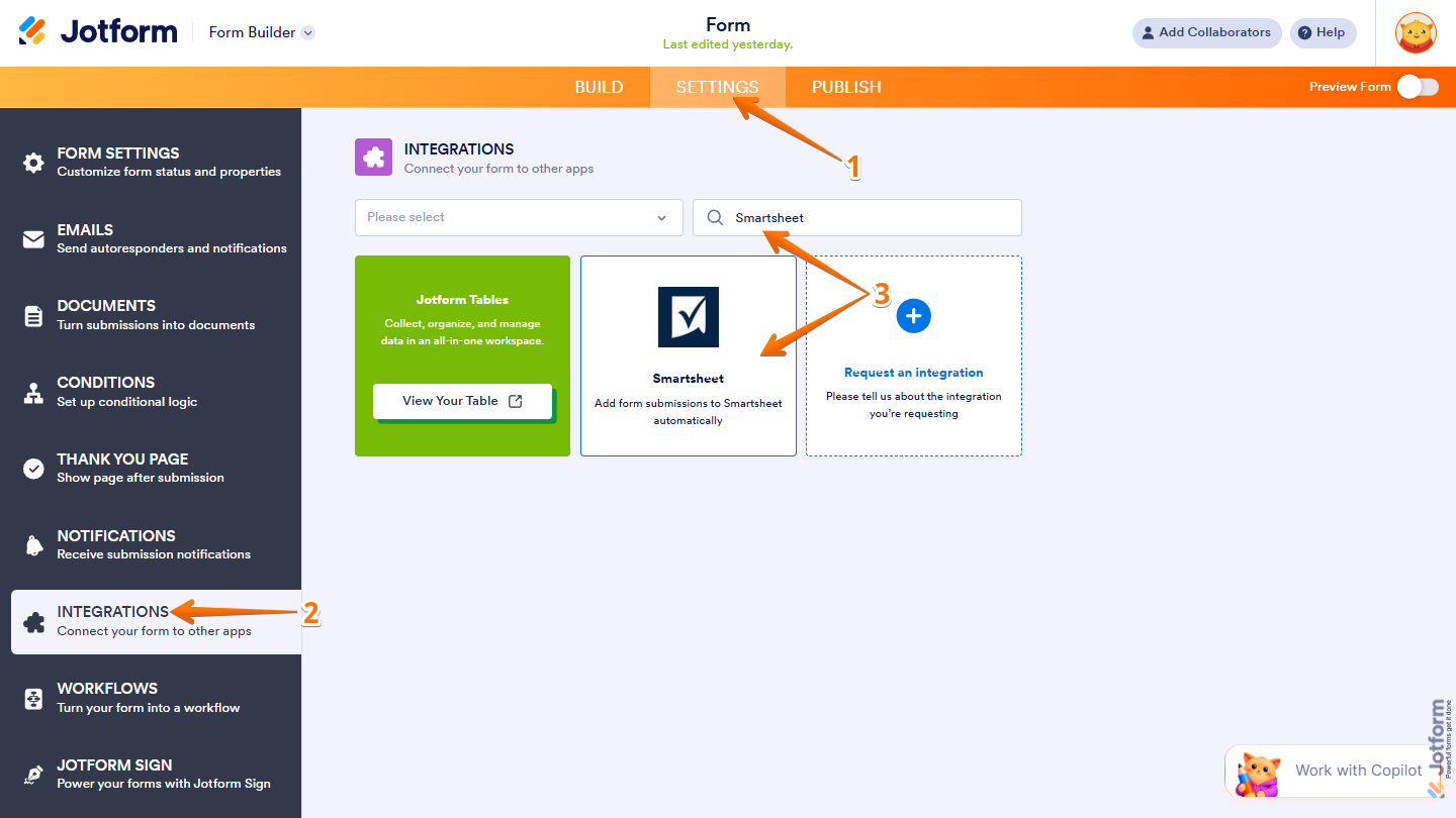 Smartsheet integration option in the Integrations tab of the Jotform Form Builder