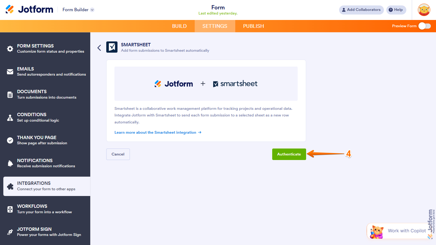 Authenticate button in the Smartsheet integration menu