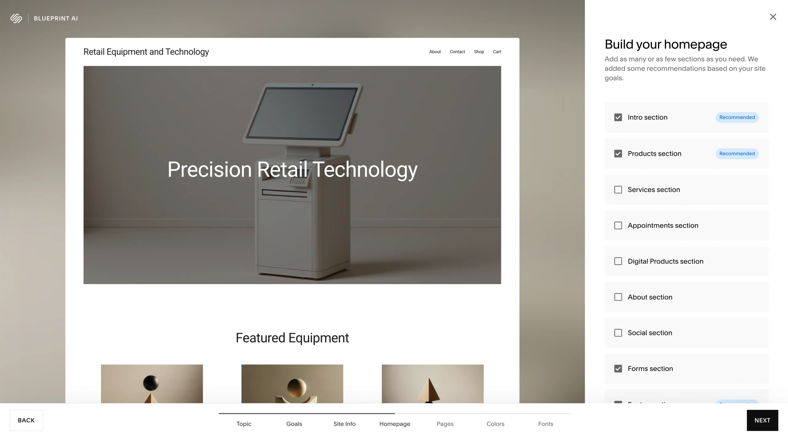 Screenshot of Squarespace AI builder showing the “Build your homepage” step with a live preview and selectable sections like intro, products, services, and footer