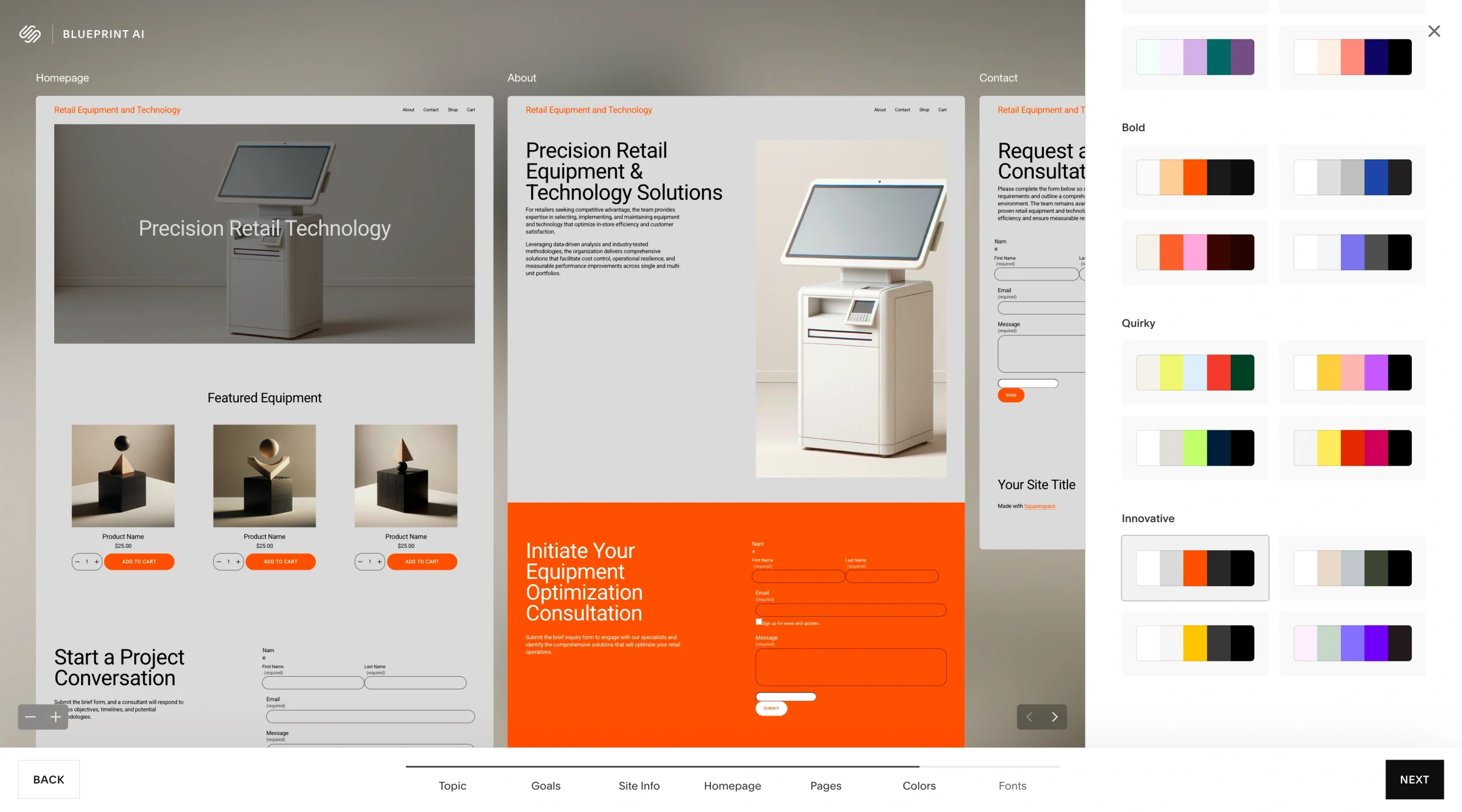 Screenshot of Squarespace design step for choosing a color palette, displaying multiple palette options categorized by styles like Professional, Innovative, and Playful