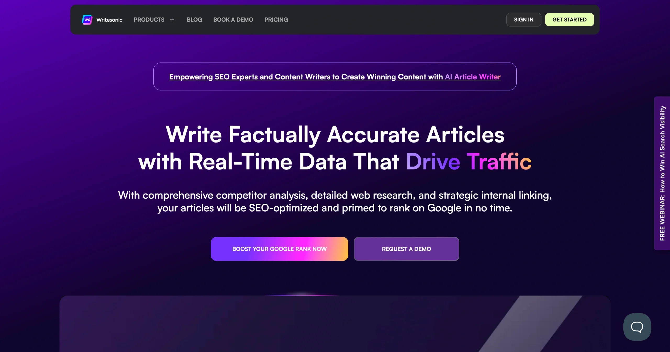 Screenshot of the Writesonic landing page, showing a headline "Write Factually Accurate Articles with Real-Time Data That Drive Traffic"