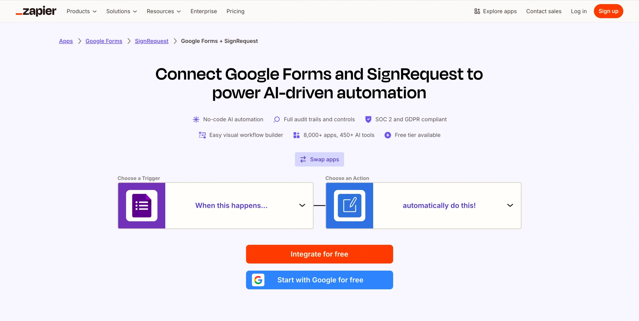 Zapier landing page showing an integration between Google Forms and SignRequest, with a headline about AI-driven automation and a visual workflow builder illustrating a trigger from Google Forms leading to an action in SignRequest, along with buttons to integrate for free or start with Google