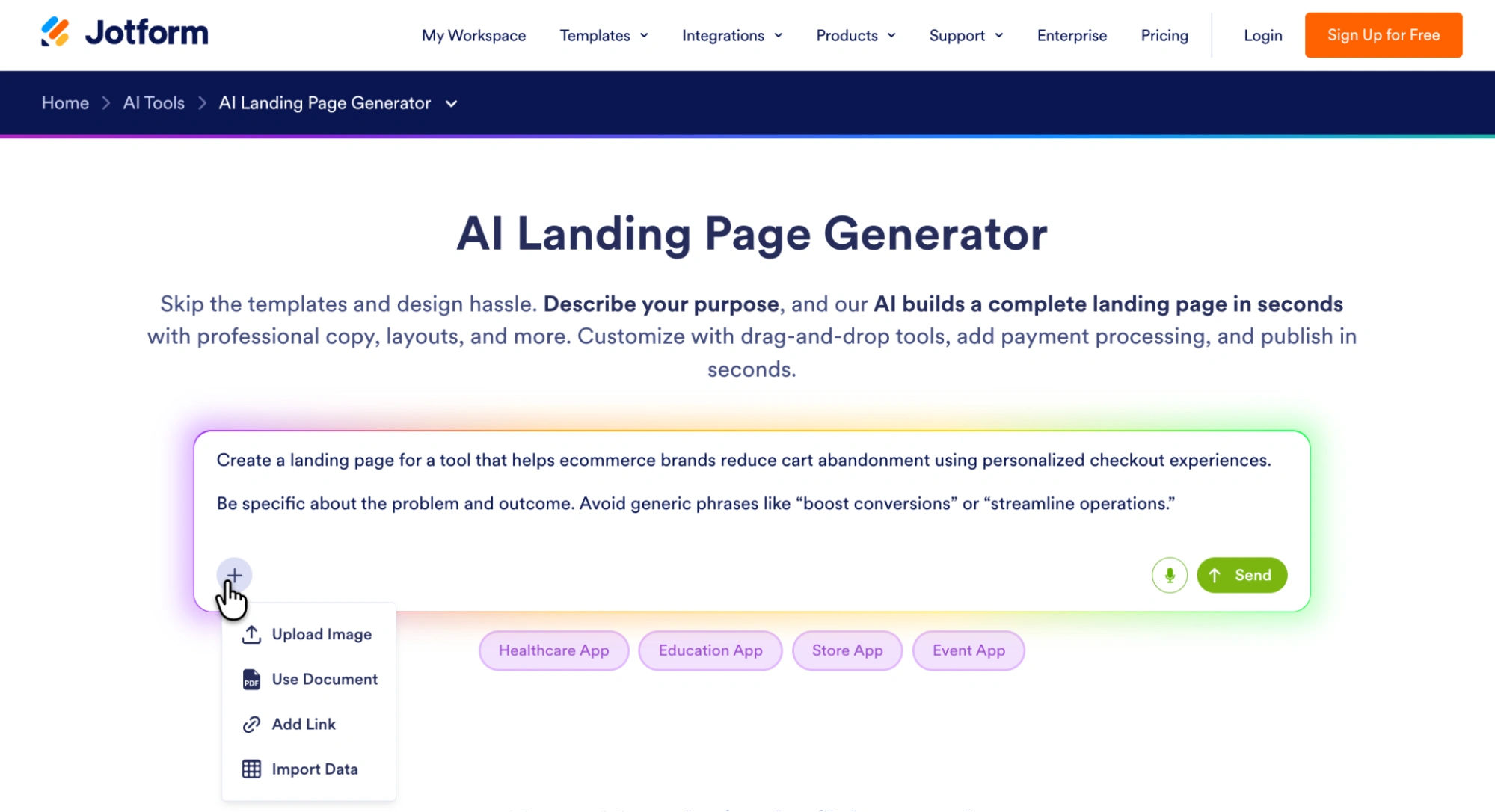 Jotform AI Landing Page Generator prompt box