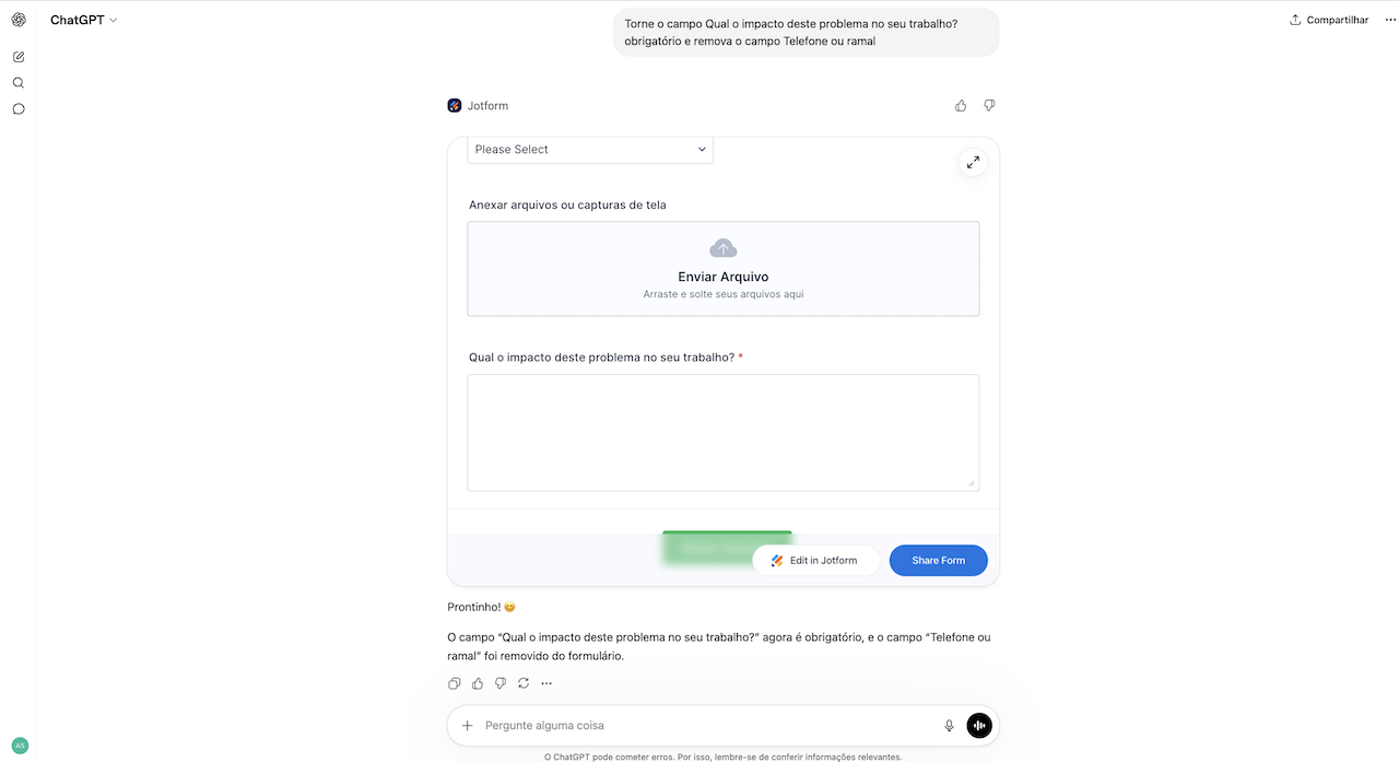 Edição conversacional no App ChatGPT Jotform