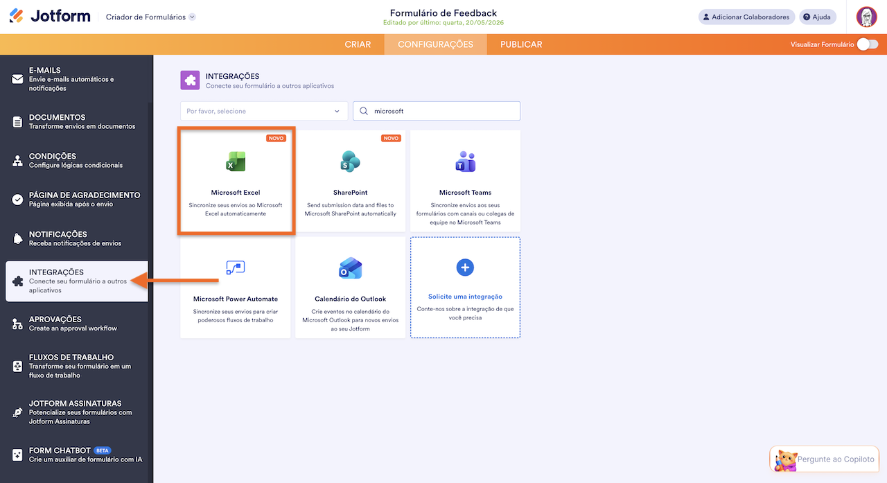 Clicando na aba Integrações e selecionando Microsoft Excel na página de Configurações do Criador de Formulários Jotform