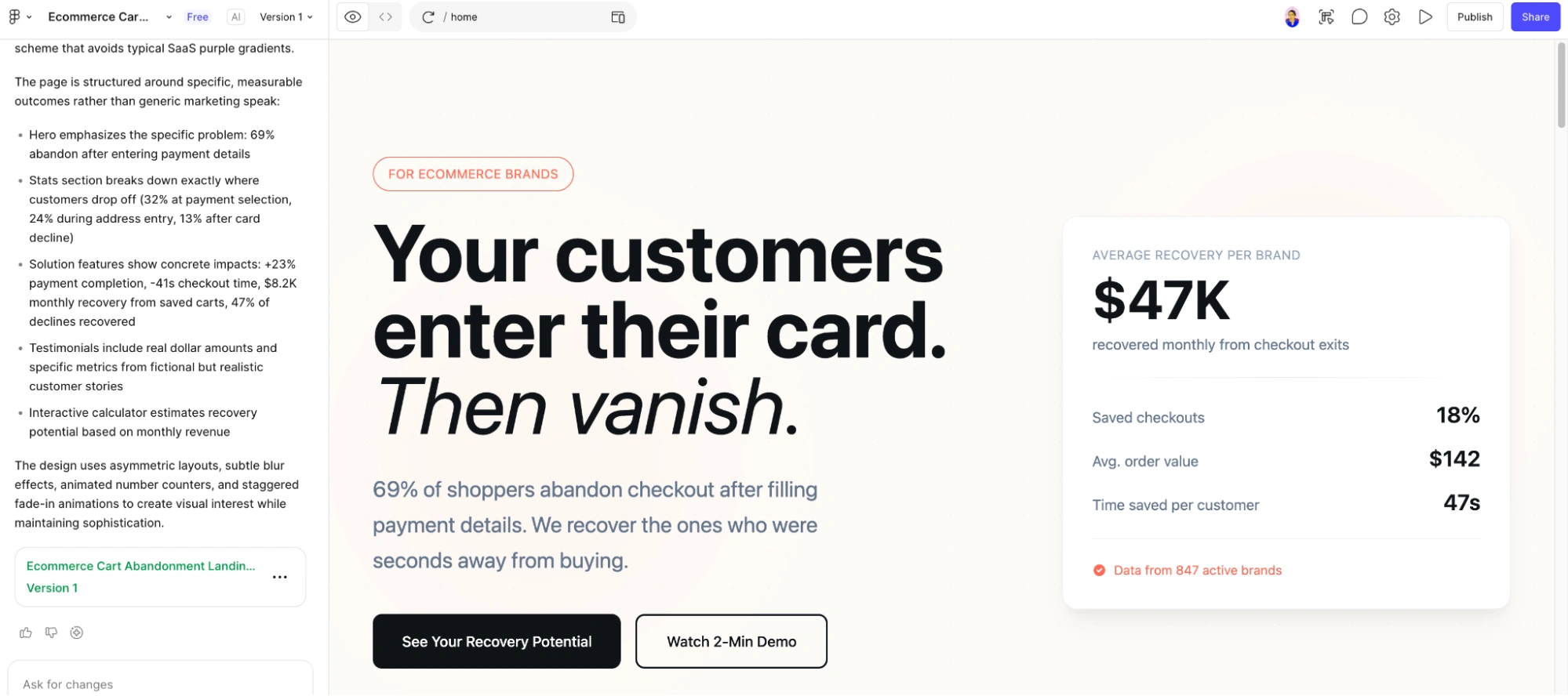Figma Make interface showing the generated landing page