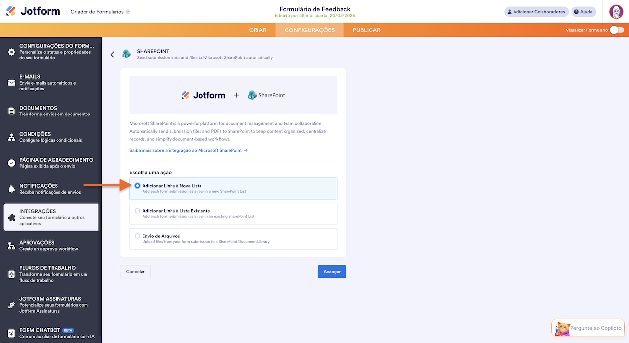 Escolhendo a opção Adicionar Linha à Nova Lista na página da integração ao Microsoft SharePoint
