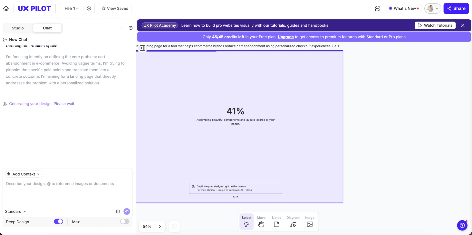 UX Pilot interface showing the setup progress indicator