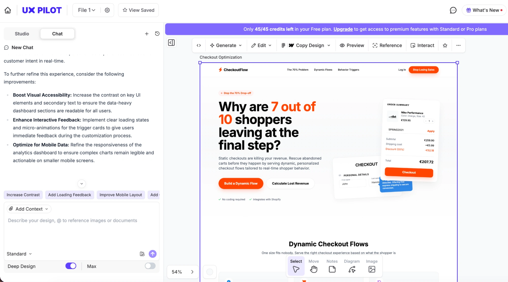 UX Pilot showing the generated landing page