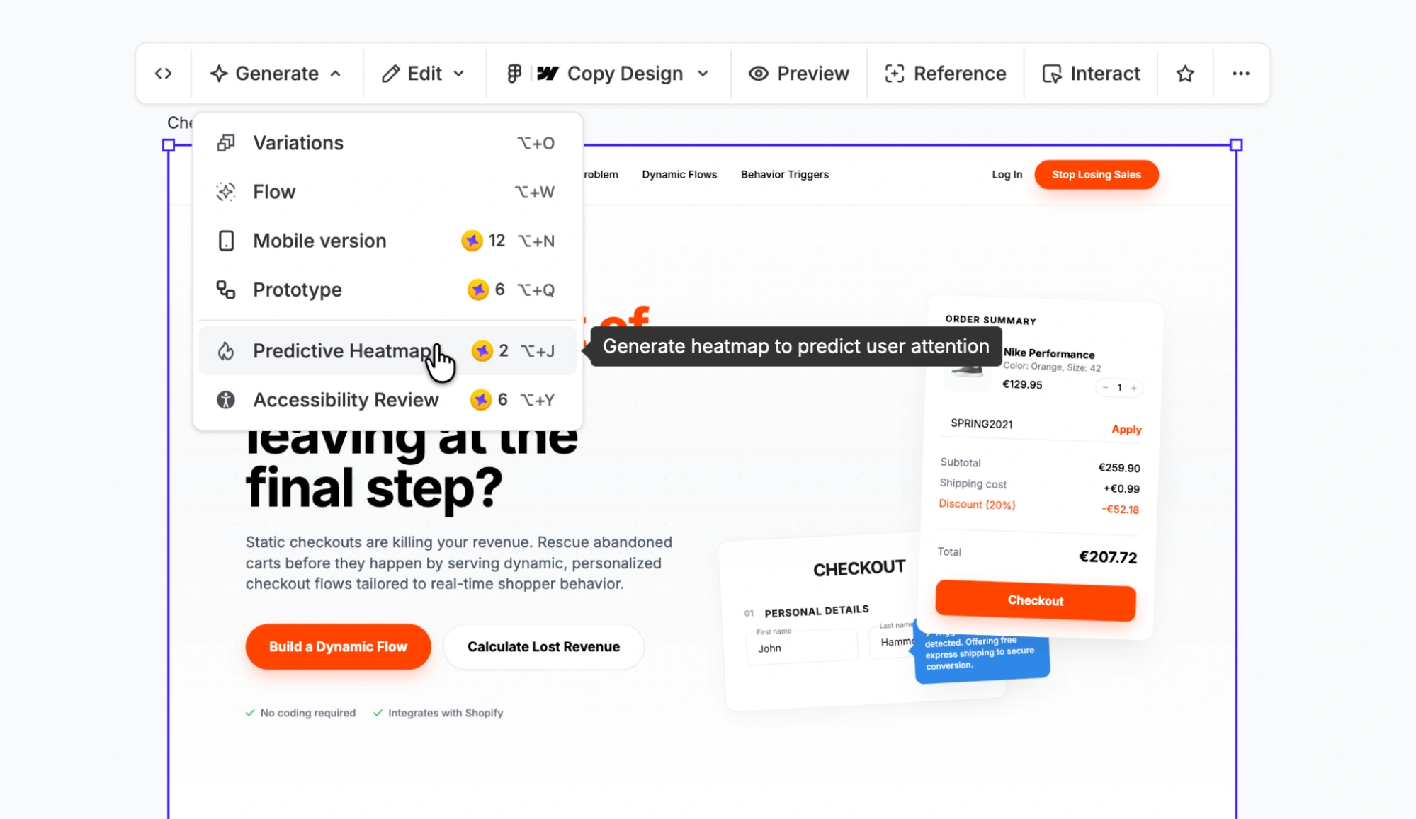 UX Pilot interface showing the option to generate a heatmap to predict user attention