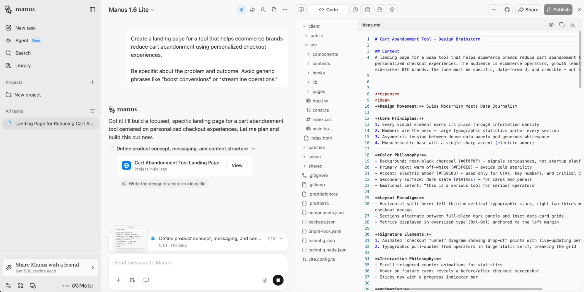 Manus interface showing the chat on the left and the code workspace on the right