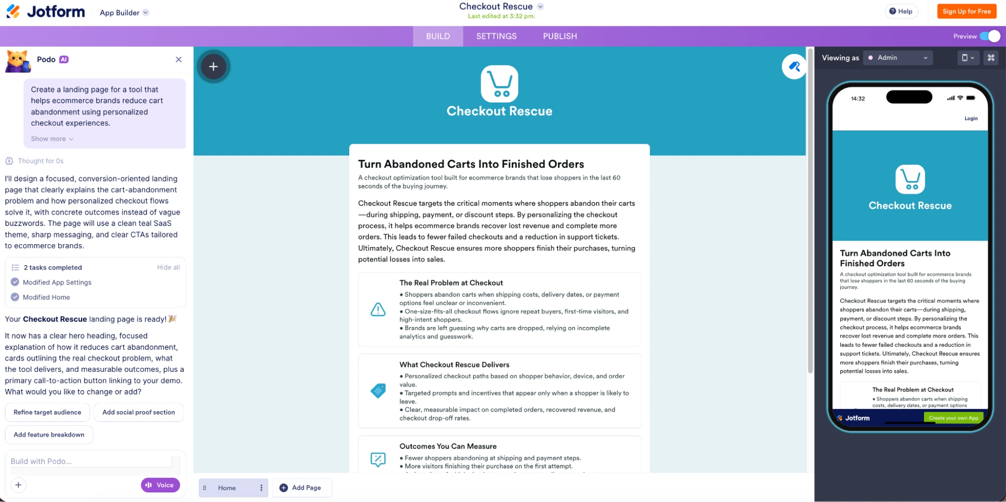 Jotform App Builder interface showing a generated landing page for a company that reduces cart abandonment for e-commerce brands