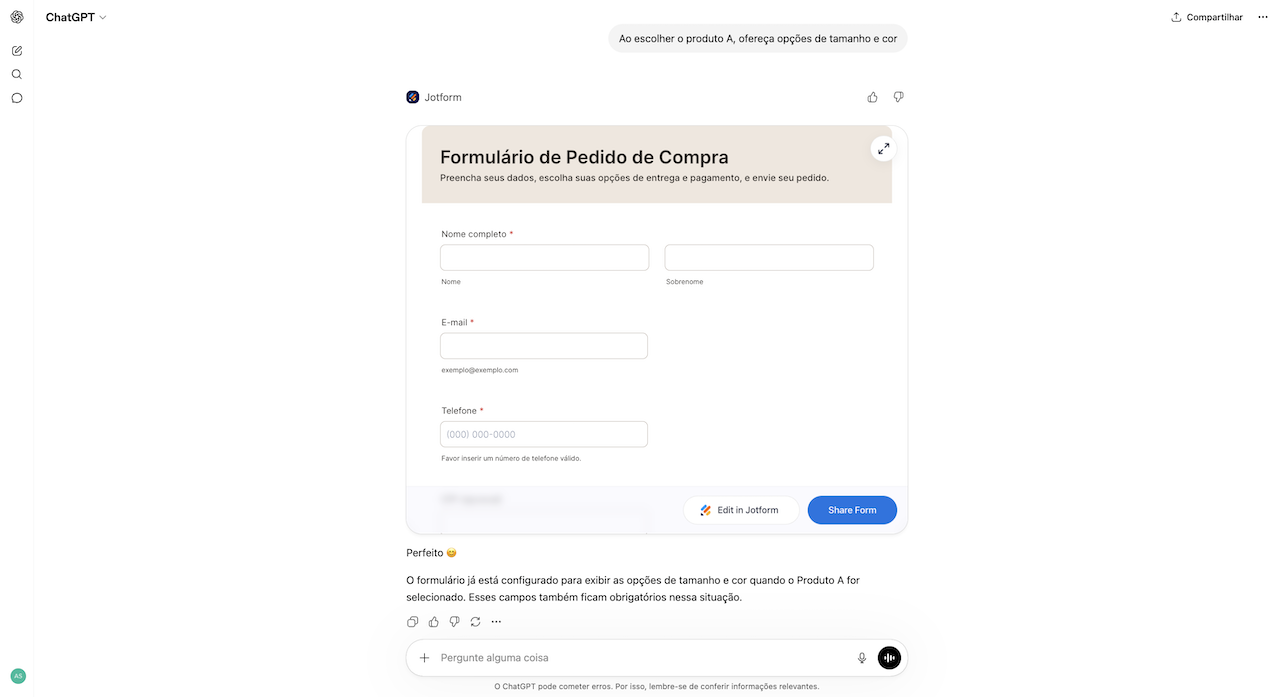 Mostrar ou ocultar campos no App ChatGPT Jotform