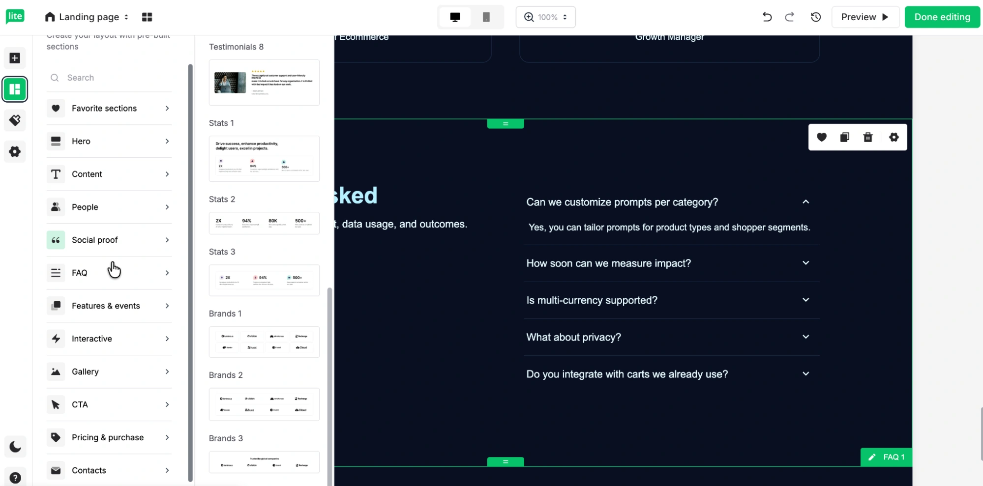 MailerLite generated landing page showing the block menu