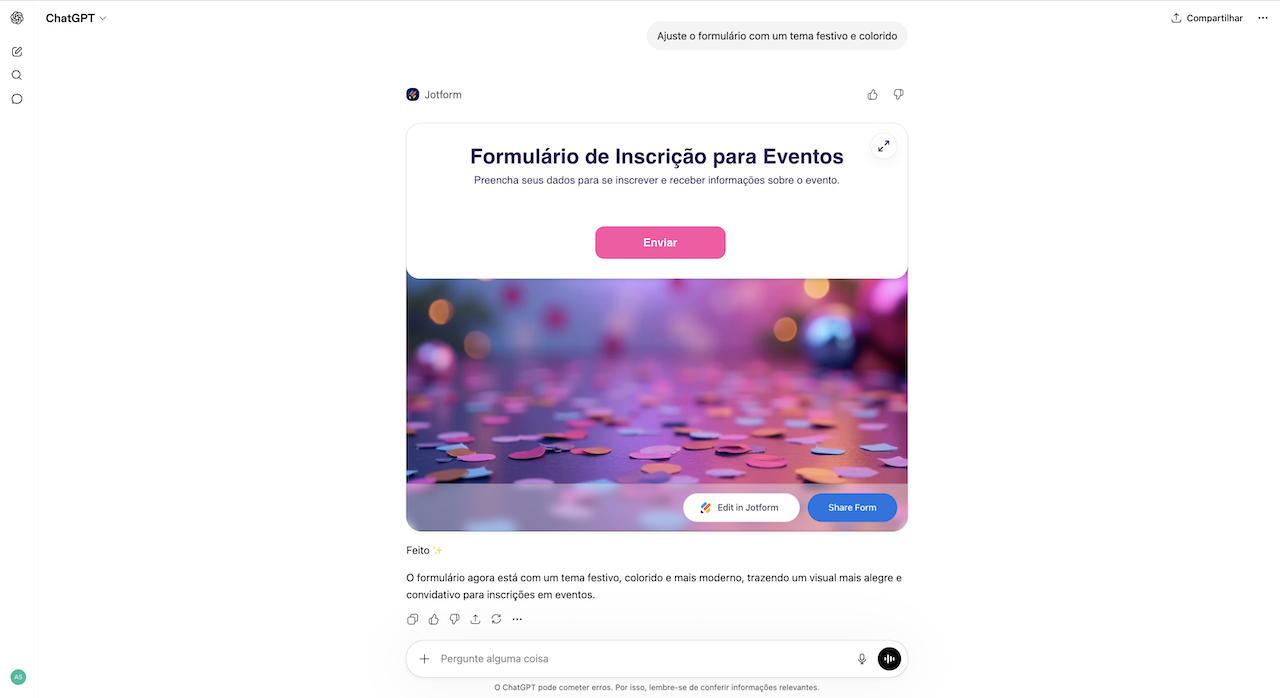 Visualizando o formulário de inscrição festivo no App ChatGPT Jotform